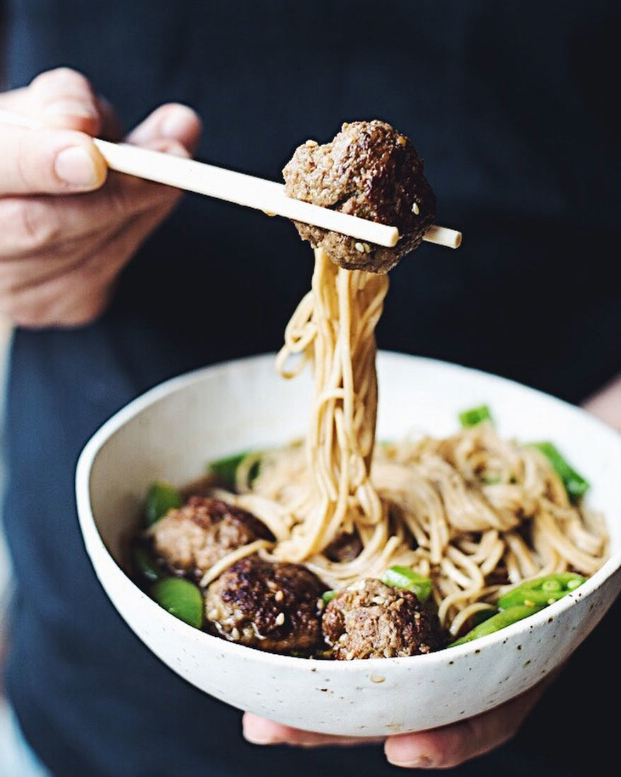 Meatballs with soba noodle soup