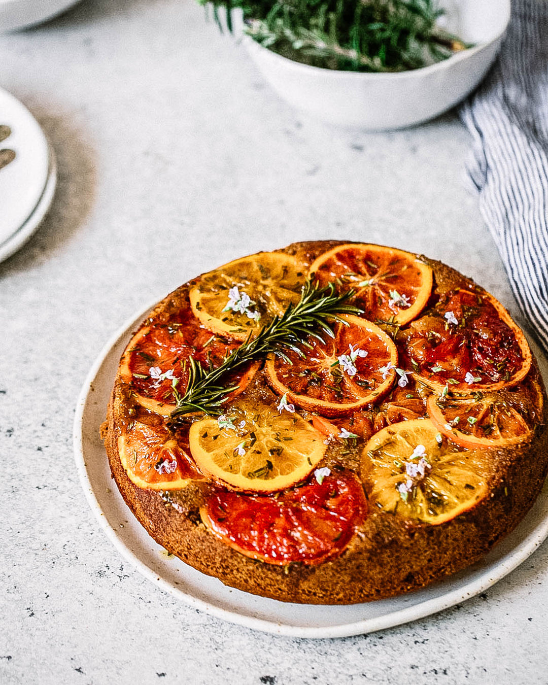 Upside down citrus, rosemary, olive oil and almond cake
