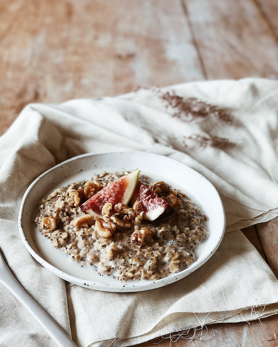 Bircher muesli with toasted walnuts, figs and chia seeds